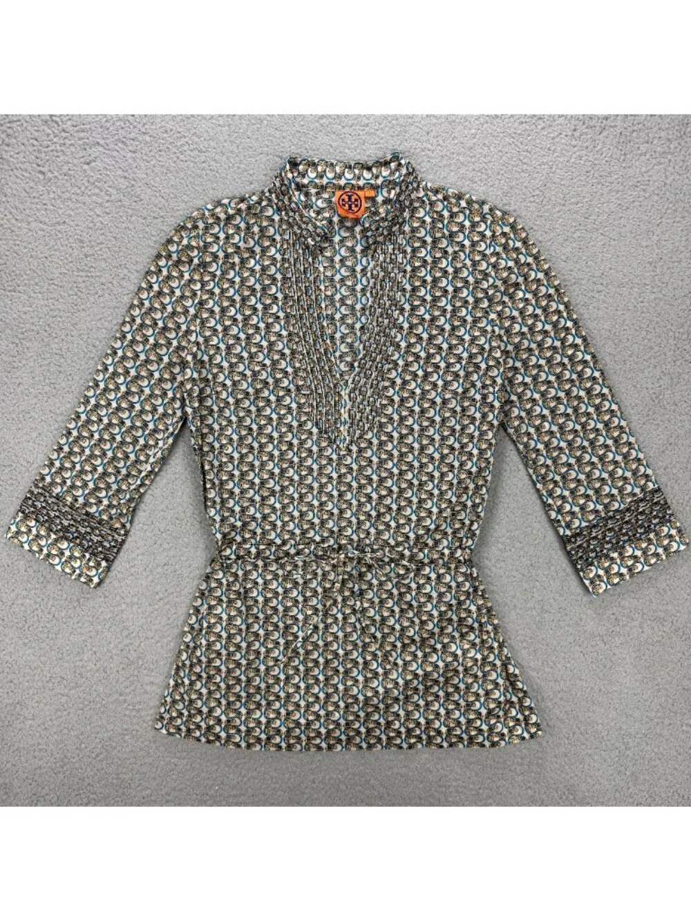 Tory Burch Top Womens 6 Beige Tunic Elephant Print Long Sleeve Blouse Shirt